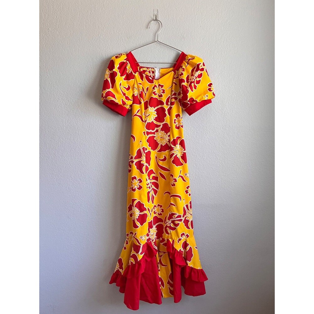 Vintage Rainbow Hawaii 1970's Floral Ruffle Hem Midi Dress Yellow/Red Sz SMALL